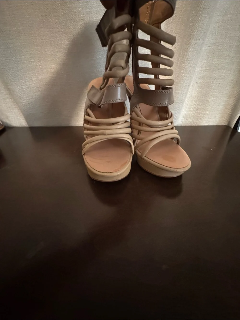 L.A.M.B. Strappy High Heel Sandals in Taupe